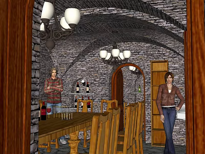Cozy Cellar Bar Interior With Stone Walls Arched Doorway Chandeliers And Wooden Table Chairs 3d model