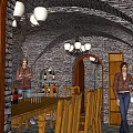 Cozy Cellar Bar Interior With Stone Walls Arched Doorway Chandeliers And Wooden Table Chairs