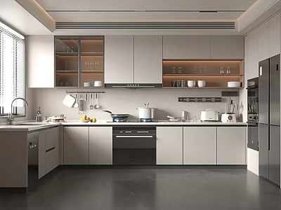 Modern Kitchen Interior Design With Light Gray White Cabinets Sleek Countertop And Stainless Steel Appliances 3d model