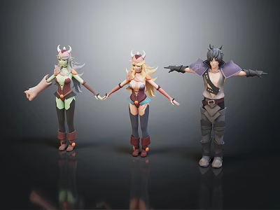 Three Fantasy 3D Characters Holding Hands With Ornate Costumes And Headpieces 3d model
