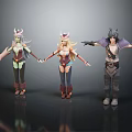 Three Fantasy 3D Characters Holding Hands With Ornate Costumes And Headpieces