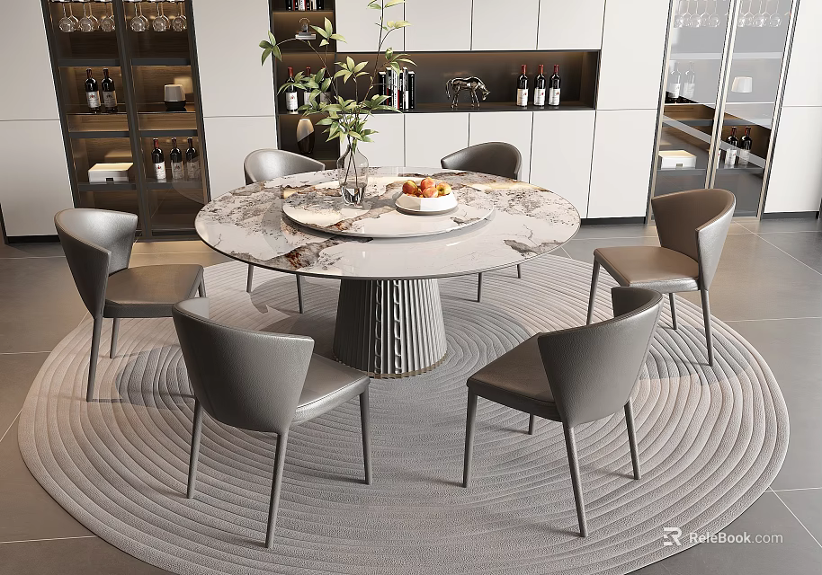 Modern Round Marble Dining Table Set With Six Gray Chairs And Fresh Plants 3d model 