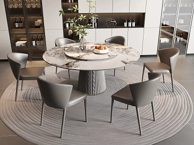 Modern Round Marble Dining Table Set With Six Gray Chairs And Fresh Plants 3d model