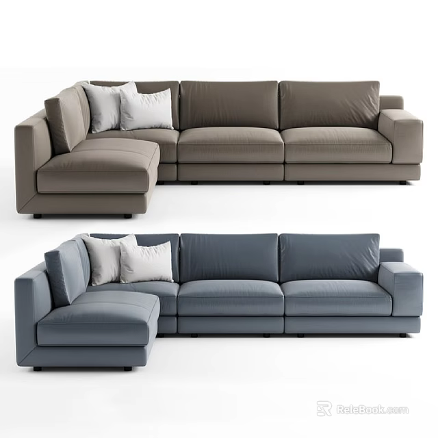 L Shaped Sofa Set With Brown And Blue Colors And Comfortable Cushions 3d model