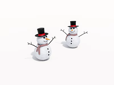 Two Cheerful Game Movie Character Snowmen With Black Top Hats Red Scarves And Stick Arms 3d model