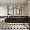 Elegant Bathroom With Gold Framed Oval Mirrors Marble Walls Black Double Vanity And Checkered Flooring