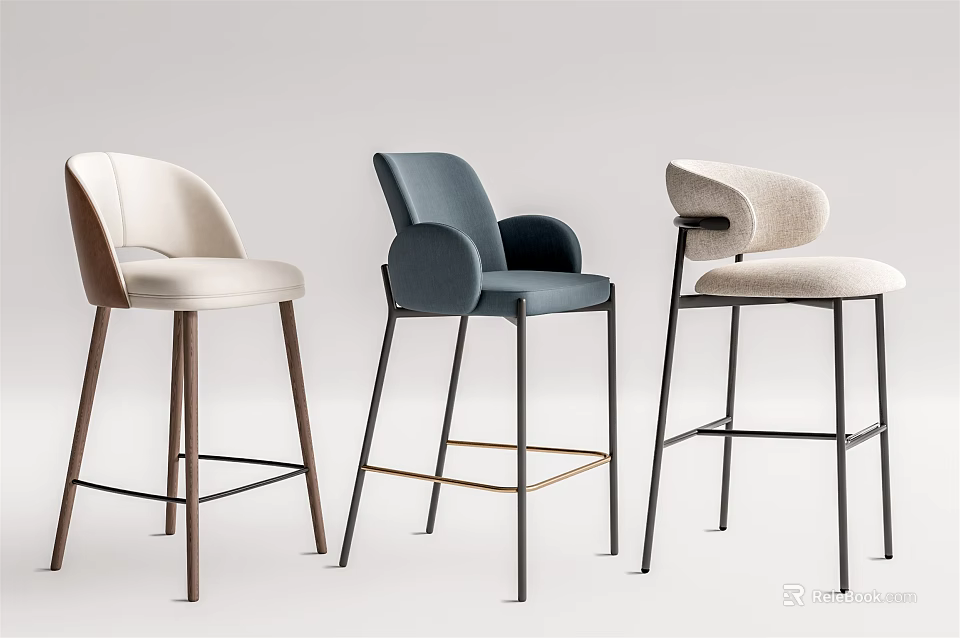 Modern Stylish Bar Stools With Upholstered Seats And Metal Wooden Legs 3d model 