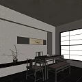 Japanese Style Tea Table and Chairs in Interior with Decorative Painting and Grid Window