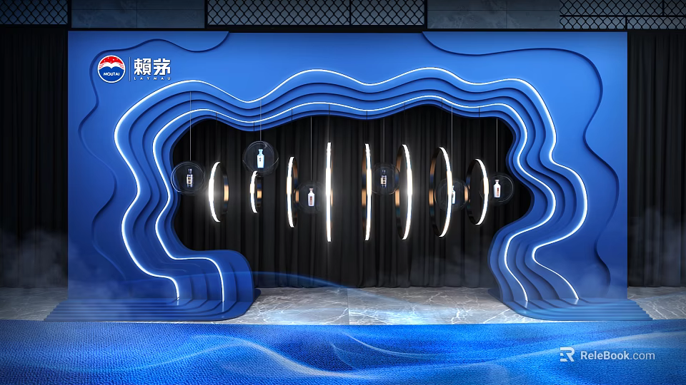 Blue Wavy Display Space Design With Hanging Round Lights And Curved Lines 3d model 