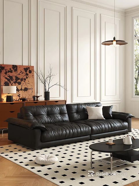 Black Leather Two Seater Sofa In Modern Living Room With Wooden Cabinet And Abstract Painting 3d model 