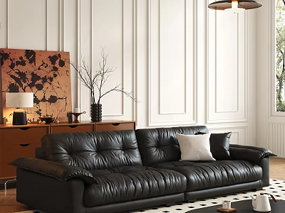 Black Leather Two Seater Sofa In Modern Living Room With Wooden Cabinet And Abstract Painting 3d model