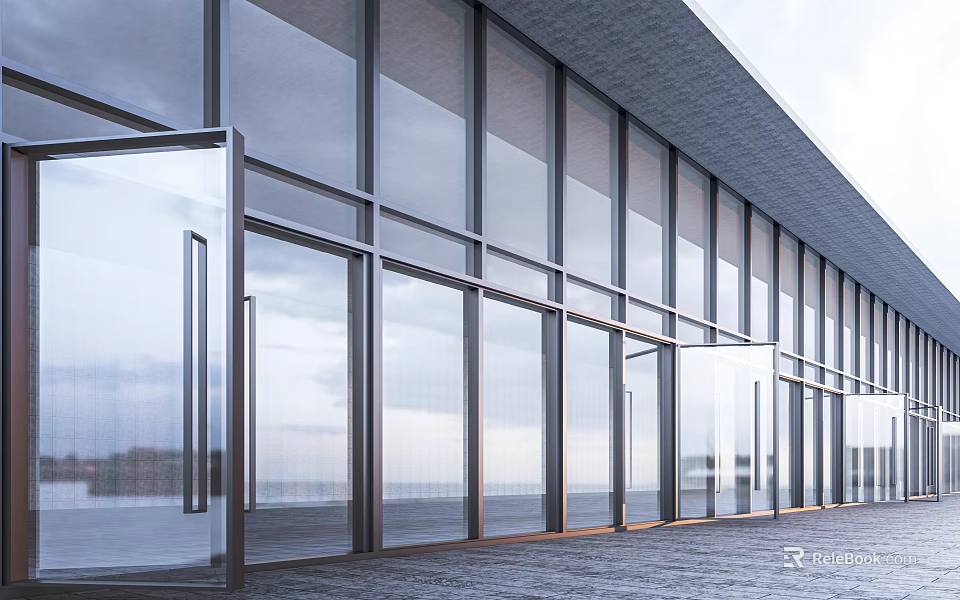 Modern Commercial Building Exterior With Glass Curtain Wall And Metal Frames 3d model 