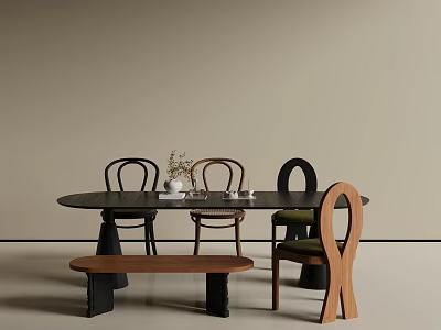 Modern Table and Chair Set With Black Oval Table Brown Bench and Designed Chairs 3d model