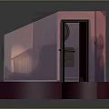 Cartoon Scene of a Small Pink House with Open Door Illuminated Interior and Slanted Roof