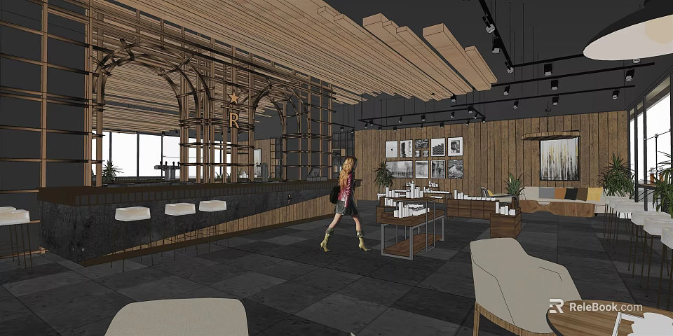 Cozy Café Interior With Wooden Elements Dark Ceiling Spotlights Seating Area Large Windows Framed 3d model 