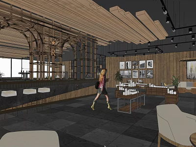 Cozy Café Interior With Wooden Elements Dark Ceiling Spotlights Seating Area Large Windows Framed 3d model