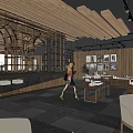 Cozy Café Interior With Wooden Elements Dark Ceiling Spotlights Seating Area Large Windows Framed