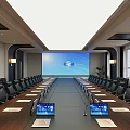 Modern Conference Room Interior With Long Meeting Table Black Office Chairs And Large Projection Screen