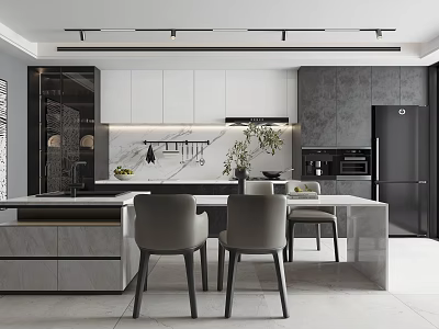 Modern Open Kitchen Interior Design With Gray Island Counter White Cabinets And Black Appliances 3d model