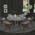 Elegant Circular Dining Table Set With Marble Top Beige Chairs Round Rug And Greenery