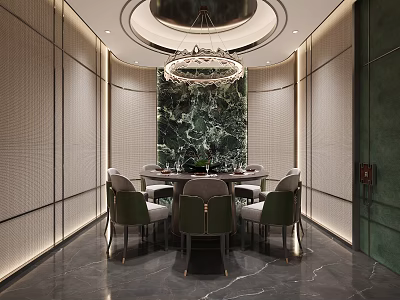 Luxurious Private Dining Room With Round Table Chairs Chandelier And Marble Wall 3d model