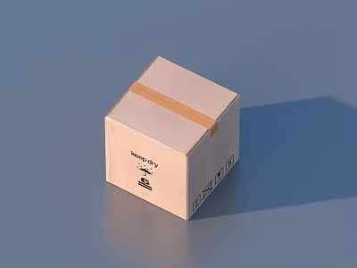 Light Brown Household Supplies Carton Box With Yellow Tape Black Text Patterns On Blue Background 3d model