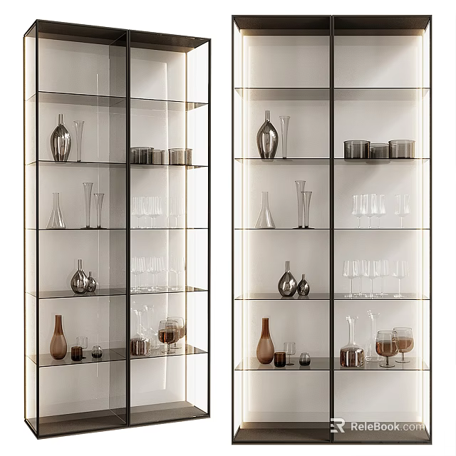 Modern Wine Cabinet With Glass Doors Lighting Wine Glasses And Decorative Vases 3d model 