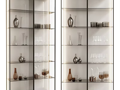 Modern Wine Cabinet With Glass Doors Lighting Wine Glasses And Decorative Vases 3d model