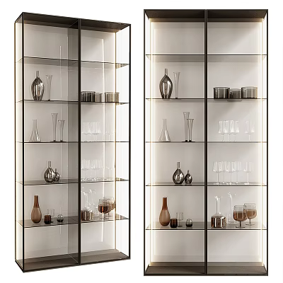 Modern Wine Cabinet With Glass Doors Lighting Wine Glasses And Decorative Vases 3d model