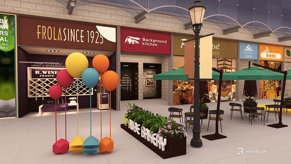 Lively Commercial Street With Colorful Balloons Coffee Shop Street Lamp Outdoor Seating And Green Plants 3d model 
