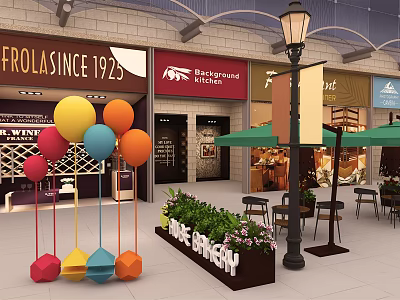 Lively Commercial Street With Colorful Balloons Coffee Shop Street Lamp Outdoor Seating And Green Plants 3d model