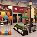 Lively Commercial Street With Colorful Balloons Coffee Shop Street Lamp Outdoor Seating And Green Plants