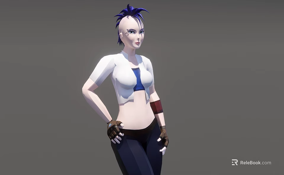 Woman With Blue Spiky Hair Wearing White Short Sleeve Top Blue Crop Top Black Pants 3d model 