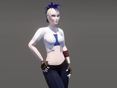 Woman With Blue Spiky Hair Wearing White Short Sleeve Top Blue Crop Top Black Pants 3d model