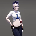 Woman With Blue Spiky Hair Wearing White Short Sleeve Top Blue Crop Top Black Pants