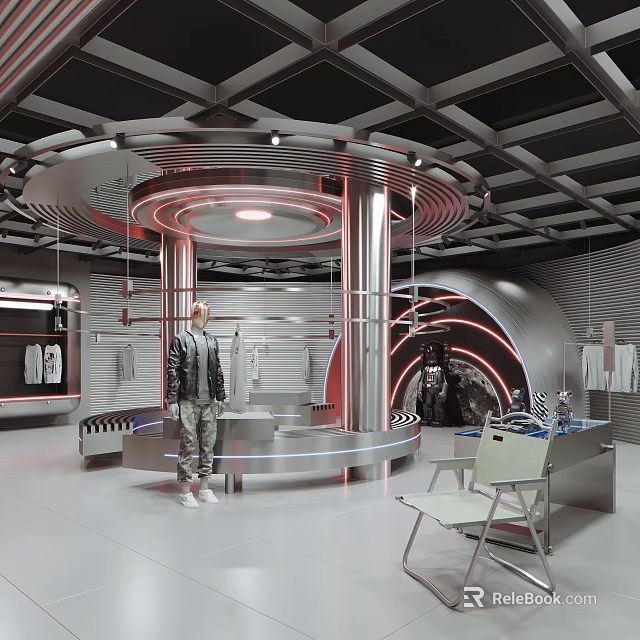 Modern Futuristic Clothing Store With Metallic Structure Circular Platform Hanging Clothes And Lighting Effects 3d model 
