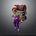 Red Haired Cartoon Character In Purple Outfit Carrying Rolled Blanket And Creature Mask