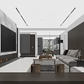 Modern Living And Dining Room Interior With Marble Accent Wall Fireplace And Gray Sofa