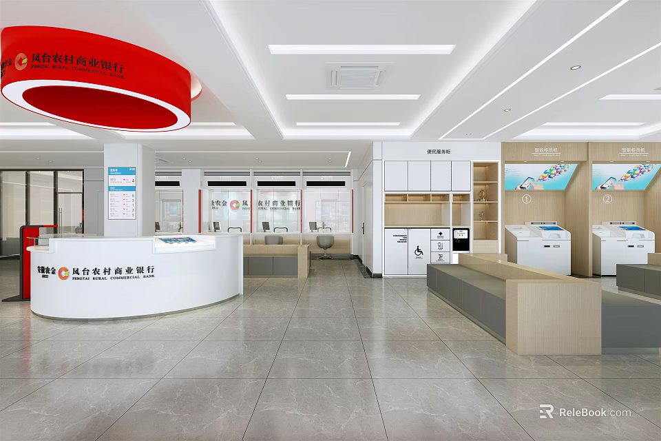 Modern Bank Interior Design With White Counters Red Decor And Service Areas 3d model 