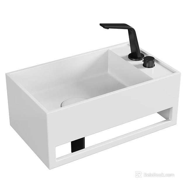 Sleek White Modern Washbasin With Black Faucet And Open Lower Shelf 3d model 