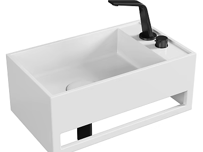 Sleek White Modern Washbasin With Black Faucet And Open Lower Shelf 3d model