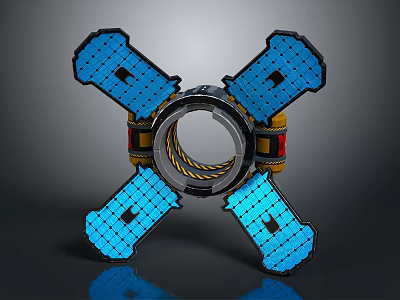 Advanced Smart Machine With Cross Shaped Blue Panels And Circular Center Yellow Coils 3d model