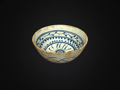Antique Ceramic Bowl Featuring Blue And White Traditional Patterns And Worn Edges Design 3d model