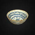 Antique Ceramic Bowl Featuring Blue And White Traditional Patterns And Worn Edges Design