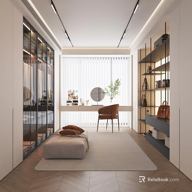 Modern Walk-in Closet Interior With Glass Door Wardrobes Dressing Table Display Shelves And Accent Chair 3d model 