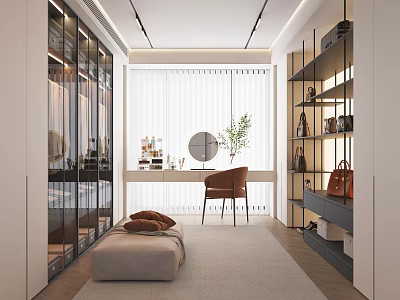 Modern Walk-in Closet Interior With Glass Door Wardrobes Dressing Table Display Shelves And Accent Chair 3d model