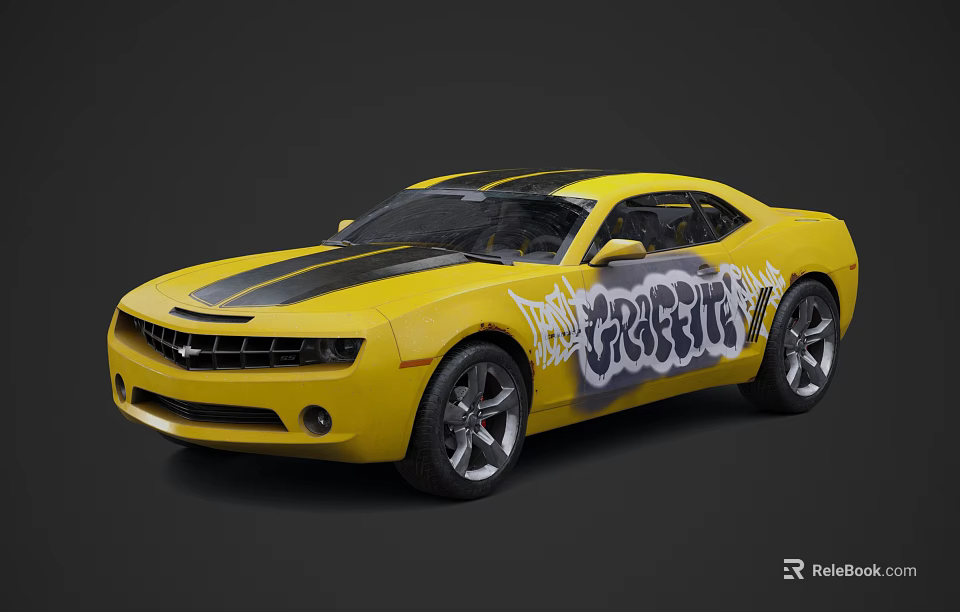 Modern Yellow Sports Car With Black Stripes And CRABTREE Graffiti Design 3d model 