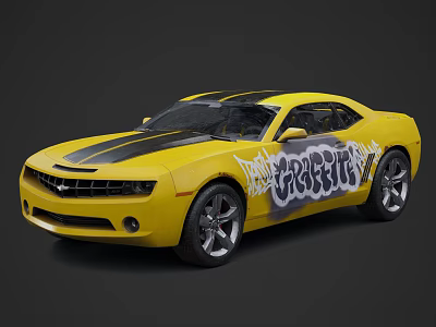 Modern Yellow Sports Car With Black Stripes And CRABTREE Graffiti Design 3d model