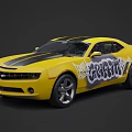 Modern Yellow Sports Car With Black Stripes And CRABTREE Graffiti Design
