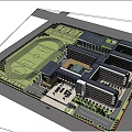 Multi Story Modern School Building With Red Brick Facade Glass Windows And Green Lawn Area